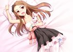  blush brown_hair idolmaster idolmaster_(classic) long_hair lying minase_iori miyai_sen on_back open_mouth pantyhose red_eyes solo stuffed_animal stuffed_bunny stuffed_toy 