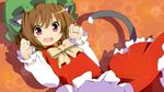  animal_ears bow brown_hair cat_ears cat_tail chen clenched_hands fang hat open_mouth paw_pose red_eyes short_hair smile solo tail touhou wara_(warapro) 