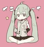  ahoge bad_id bad_pixiv_id bare_shoulders barefoot chibi detached_sleeves double_v full_body green_hair hatsune_miku long_hair necktie open_mouth pink_background sahara_mizuki simple_background sitting skirt solo star translated twintails v vocaloid 