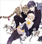  animal bad_id bad_pixiv_id biting blonde_hair blood bracelet brown_eyes brown_hair cat cheetah fate/zero fate_(series) gilgamesh jewelry kotomine_kirei kuroihato male_focus multiple_boys necklace panther purple_eyes purple_hair red_eyes slit_pupils too_many too_many_cats white_background 