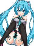  aqua_eyes aqua_hair bare_shoulders blush elbow_gloves fingerless_gloves gloves hatsune_miku long_hair necktie oga_raito open_mouth panties simple_background sitting skirt solo striped striped_panties thighhighs twintails underwear very_long_hair vocaloid white_background 