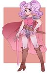  boots cape full_body hand_on_hip highres knee_boots monster_maker pauldrons pink pink_cape pink_hair pink_legwear pink_skirt purple_eyes short_hair skirt smile solo sword thighhighs twintails veena_(monster_maker) vuccha weapon zettai_ryouiki 