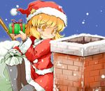  bag black_legwear blonde_hair blush broom chimney hat kanoe_soushi kirisame_marisa licking_lips pantyhose santa_costume santa_hat snow solo star tongue tongue_out touhou yellow_eyes 