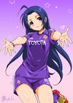  acf_fiorentina adidas ahoge armpit_peek blue_hair blush_scarlet breasts dated foreshortening gradient gradient_background head_tilt idolmaster idolmaster_(classic) incoming_hug inoue_sora italy jersey long_hair mattia_cassani medium_breasts miura_azusa outstretched_arms outstretched_hand purple_background purple_eyes serie_a shorts smile soccer soccer_uniform solo sportswear toyota 