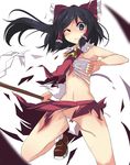  alternate_eye_color ascot bad_id bad_pixiv_id black_hair blue_eyes bow detached_sleeves gohei hair_bow hair_tubes hakurei_reimu holding naotaka navel one_eye_closed panties sarashi shoes side-tie_panties solo torn_clothes touhou underwear untied wardrobe_malfunction 