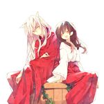  1boy 1girl animal_ears black_hair blush eyes_closed higurashi_kagome higurashi_sango inuyasha inuyasha_(character) japanese_clothes long_hair open_mouth orange_eyes well white_hair 