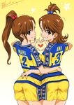  arm_around_waist ass brown_eyes brown_hair character_name dated flipped_hair from_behind futami_ami futami_mami grin hair_bobbles hair_ornament heart heart_hands heart_hands_duo idolmaster idolmaster_(classic) inoue_sora italy long_hair multiple_girls pantylines parma_fc shorts siblings side_ponytail sisters smile soccer soccer_uniform sportswear topknot twins 