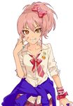  absurdres clothes_around_waist eyelashes grin highres idolmaster idolmaster_cinderella_girls jacket_around_waist jewelry jougasaki_mika nail_polish peace_symbol ribbon ring school_uniform sleeves_folded_up smile smiley_face solo transparent_background v vector_trace 