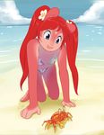  beach bikini chipmunk clothed clothing crab crustacean female hair jam_(miu) mammal marine miu red_hair rodent seaside skimpy solo squirrel swimsuit 