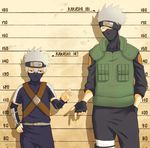  3outchange arm_guards fingerless_gloves forehead_protector gloves hand_in_pocket hatake_kakashi height_chart male_focus mask multiple_boys naruto naruto_(series) silver_hair spiked_hair time_paradox vest 