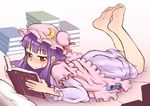  barefoot blush book commentary crescent dress feet hat iromeki_overdrive long_hair lying on_stomach patchouli_knowledge purple_eyes purple_hair soles solo toes touhou 