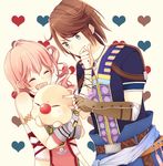  1girl blue_eyes brown_hair final_fantasy final_fantasy_xiii final_fantasy_xiii-2 gloves hug jewelry long_hair mog necklace noel_kreiss pink_hair serah_farron smile uu_(13949795) 