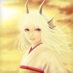  animal_ears bad_id bad_pixiv_id blurry cloud depth_of_field dragon dragon_ears dragon_girl flat_chest horns japanese_clothes kimono lips long_hair looking_at_viewer monster_girl nori_(neun_leben) original pale_skin parted_lips red_eyes sky smile solo sunset upper_body white_hair wind yellow 