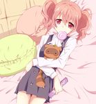  bed blush candy dress eating food holding inu_x_boku_ss lollipop looking_at_viewer lying maruki_(punchiki) mouth_hold on_back on_bed pillow pink_eyes pink_hair roromiya_karuta school_uniform short_hair solo tanuki twintails watanuki_banri 