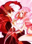  1girl bad_id bad_pixiv_id brown_hair clothed_male_nude_female guilty_crown hair_ornament hairclip holding_hands nagarech nude ouma_shuu pink_hair red_eyes scarf yuzuriha_inori 