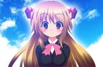  blush bow brown_hair cloud cosmic_break cosplay crimrose day headgear kiriya_naoki little_busters! pink_bow red_eyes ribbon school_uniform sky solo 