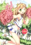  azuki_azusa bare_shoulders blonde_hair blush bow cheerleader green_eyes hair_bow hair_ribbon hentai_ouji_to_warawanai_neko. highres jumping kantoku long_hair navel one_eye_closed open_mouth pom_poms ribbon shoes skirt smile sneakers solo 