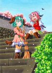  animal_ears bamboo_broom bandages bird blush_stickers broom cherry_blossoms closed_eyes double_bun flower green_eyes green_hair happy ibaraki_kasen kasodani_kyouko kawachi_koorogi marker_(medium) multiple_girls pink_hair rose sitting sitting_on_stairs skirt stairs tail touhou traditional_media 