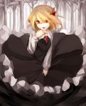  60mai black_dress blonde_hair blood darkness dress finger_licking forest frilled_dress frills hair_ribbon licking long_sleeves looking_at_viewer monochrome nature necktie red_eyes ribbon rumia solo spot_color tongue touhou 