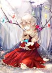  ascot bad_id bad_pixiv_id barefoot bird blonde_hair closed_eyes flandre_scarlet flower forest full_body giaour hat nature outdoors short_hair side_ponytail sitting skirt skirt_set solo sunlight touhou tree wings 