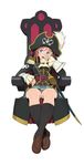  belt black_legwear blue_eyes cravat epaulettes full_body go_robots hair_ornament hairclip hat hat_feather highres katou_marika kneehighs loafers looking_away miniskirt_pirates nose_picking open_mouth panties pantyshot pantyshot_(sitting) pink_hair pinky_out pirate pirate_hat pleated_skirt saber_(weapon) shoes simple_background sitting skirt skull_and_crossbones solo sword underwear upskirt weapon white_background 