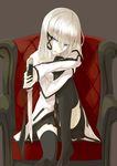  armchair black_legwear chair hair_ribbon highres kauto knee_up knife leg_hug long_hair no_shoes original pale_skin pleated_skirt purple_eyes ribbon sitting skirt solo thighhighs weapon white_hair zinnia_silane 