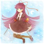  blue_eyes character_name crescent dowsing_rod dress feli_(puyopuyo) hair_ribbon holding long_hair mikanniro purple_hair puyopuyo puyopuyo_fever ribbon smile solo star thighhighs 