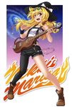  :d alternate_costume asymmetrical_clothes bare_shoulders blonde_hair bow braid character_name glasses guitar hat instrument kirisame_marisa long_hair open_mouth pants single_pantsleg smile solo taishi_(moriverine) touhou wristband yellow_eyes 