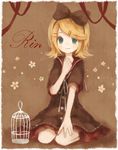  aqua_eyes birdcage blonde_hair cage character_name dress hairband hand_on_own_chest kagamine_rin mikanniro sitting smile solo vocaloid wariza 