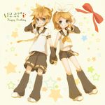  1girl bare_shoulders blonde_hair blue_eyes brother_and_sister dated detached_sleeves grin hair_ornament hairband hairclip happy_birthday headset kagamine_len kagamine_rin mikanniro shorts siblings smile star twins vocaloid 