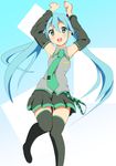  aqua_eyes aqua_hair arms_up bad_id bad_pixiv_id detached_sleeves hatsune_miku jumping kaiman long_hair looking_at_viewer necktie open_mouth skirt smile solo thighhighs twintails vocaloid zettai_ryouiki 