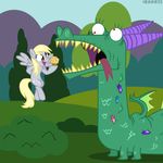  blonde_hair bush crackle_(mlp) cutie_mark derpy_hooves_(mlp) dragon equine eyelashes female feral food friendship_is_magic gem grass hair horn horse mammal muffin my_little_pony outside pegasus pony red_eyes teeth tongue tree veggie55 wings wood 