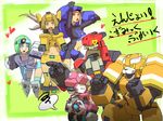  bike_shorts blue_eyes brown_hair cosmic_break destructor_girl dranken_(character) gaijin_4koma green_hair grey_hair headgear icy_(cosmic_break) lios_(character) mecha mecha_jetter_girl multiple_girls odekoh red_eyes rei_(cosmic_break) simple_background text_focus thighhighs yellow_eyes 