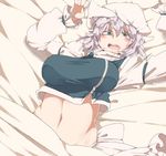  aqua_eyes arms_up bed bed_sheet blush eyebrows hat iroyopon lavender_hair letty_whiterock long_sleeves looking_at_viewer lying midriff navel on_back on_bed open_mouth scarf shirt_lift short_hair solo thick_eyebrows touhou white_scarf 