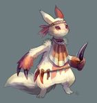  commentary full_body gen_3_pokemon glitchedpuppet holding jewelry knife necklace no_humans pokemon pokemon_(creature) red_eyes signature simple_background solo standing tribal weapon zangoose 