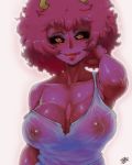  1girl ashido_mina black_sclera boku_no_hero_academia breasts large_breasts no_bra off_shoulder pink_hair purple_skin randomboobguy sagging_breasts see-through short_hair solo tank_top upper_body veins veiny_breasts wet yellow_eyes 