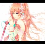  alternate_color alternate_hair_color cherry_blossoms detached_sleeves flower hair_flower hair_ornament hatsune_miku headset kyama letterboxed long_hair microphone nail_polish object_namesake pink_eyes pink_hair sakura_miku smile solo twintails upper_body vocaloid 