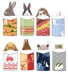  back_turned bow brown_fur envelope feral flower fur grey_fur hiding in_container lagomorph looking_at_viewer mammal money multi-colored_body plain_background plant rabbit rairakku ribbons short_tail simple_background snow upside_down white_background white_nose yellow_fur 