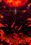  absurdres arm_up dress flower flower_bed full_moon glint glowing glowing_eyes highres monochrome moon polearm red red_moon remilia_scarlet rose short_hair silhouette solo spear spear_the_gungnir tan_(carbon) touhou weapon wings yellow_eyes 