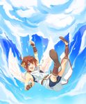  1boy angel bike_shorts blue_eyes blush boy brown_hair cloud clouds falling fingerless_gloves gloves kid_icarus looking_at_viewer male male_focus nintendo open_mouth pit pit_(kid_icarus) sandals sky smile snakey solo wings wink 