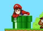  amami_haruka brown_hair crossover fang gloves goomba green_eyes hat idolmaster idolmaster_(classic) mario_(series) md5_mismatch overalls peaked_cap solo super_mario_bros. tonkotsu_kurage warp_pipe 