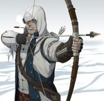  arrow assassin's_creed_(series) assassin's_creed_iii belt bow_(weapon) connor_kenway drawing_bow gb_(doubleleaf) gloves gun holding holding_arrow holding_bow_(weapon) holding_weapon holster hood knife male_focus mouth_hold native_american snow solo vambraces weapon 