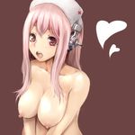  breasts brown_background hat headphones heart large_breasts long_hair looking_at_viewer nipples nitroplus nude nurse_cap open_mouth pink_hair rainen_ganbarimashita simple_background solo super_sonico upper_body v_arms 