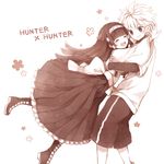  :d ^_^ alluka_zoldyck androgynous black_eyes black_hair boots brothers closed_eyes copyright_name hairband hug hunter_x_hunter killua_zoldyck long_hair male_focus mikanniro multiple_boys open_mouth siblings smile white_hair 