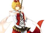  adapted_costume bad_id bad_pixiv_id bell blonde_hair hair_ornament kizuka_kanata polearm ribbon shawl short_hair solo toramaru_shou touhou weapon white_background yellow_eyes 