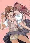  blush brown_eyes brown_hair fang long_hair misaka_mikoto multiple_girls open_mouth school_uniform shirai_kuroko short_hair shorts socks sumi_(joker) to_aru_kagaku_no_railgun to_aru_majutsu_no_index twintails 