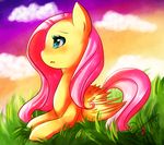  clouds equine female feral fluttershy_(mlp) friendship_is_magic grass hair mammal my_little_pony obeyania pegasus pink_hair solo wings 