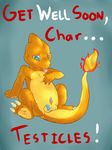  band-aid blue_eyes char char_(character) charmander english_text fire freckles lizard male nintendo orange_skin penis plain_background pok&#233;mon pok&eacute;mon reptile sarvix scalie sitting solo sticking_plaster text tongue tongue_out video_games 