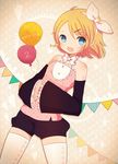  ayu_(mog) bad_id bad_pixiv_id bare_shoulders blonde_hair blue_eyes hair_ornament hair_ribbon hairclip hands_together kagamine_rin looking_at_viewer open_mouth own_hands_together ribbon short_hair smile solo thighhighs vocaloid white_legwear 