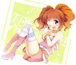  ;d bad_id bad_pixiv_id bangle blue_eyes boots bracelet brown_hair dress hands_together idolmaster idolmaster_(classic) jewelry kofa_(ikyurima) one_eye_closed open_mouth own_hands_together smile solo star striped striped_legwear takatsuki_yayoi thighhighs twintails 